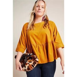 Anthropologie Maeve Maria Babydoll Button Back Corduroy Peplum Top Mustard M